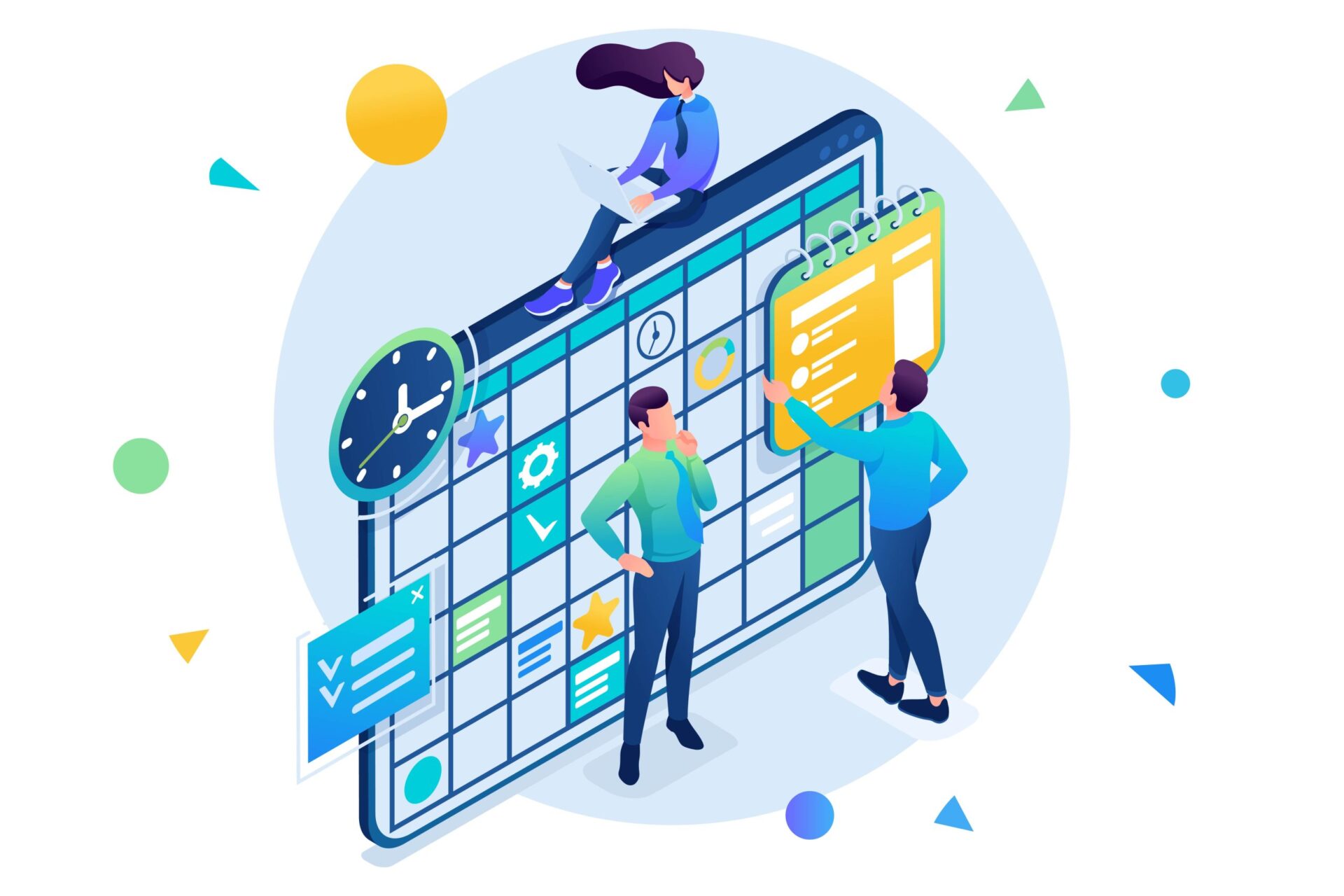 17518529 Team working on the business plan employees fill in the calendar fields 3D isometric Concept for web design 1