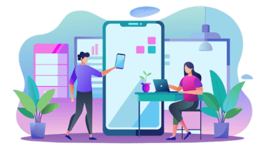 cartoon illustration people working phone with man woman phone 19