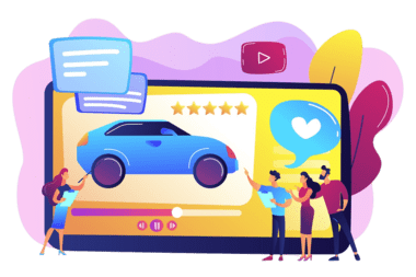 automotive-industry content 1 customers like video with experts modern car review with rating stars car review video test drive channel auto video advertising concept bright vibrant violet isolated illustration 19