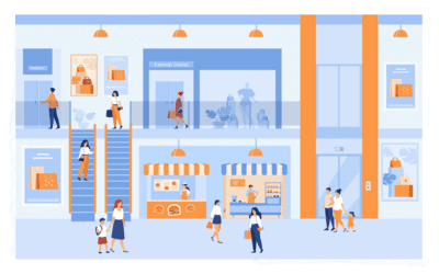 department store interior with customers people shopping city mall walking through building halls past windows carrying bags market sale discount s 20