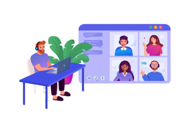 automotive-industry content 3 man home office uses laptop collective virtual team building group video conference 19